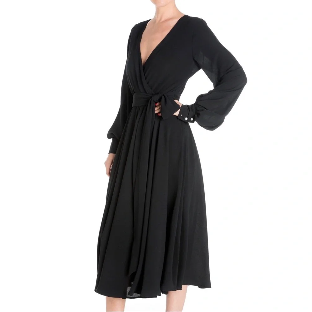 [ Sold ] Meghan LA Black Midi Wrap Dress, Medium - Picture 4 of 5
